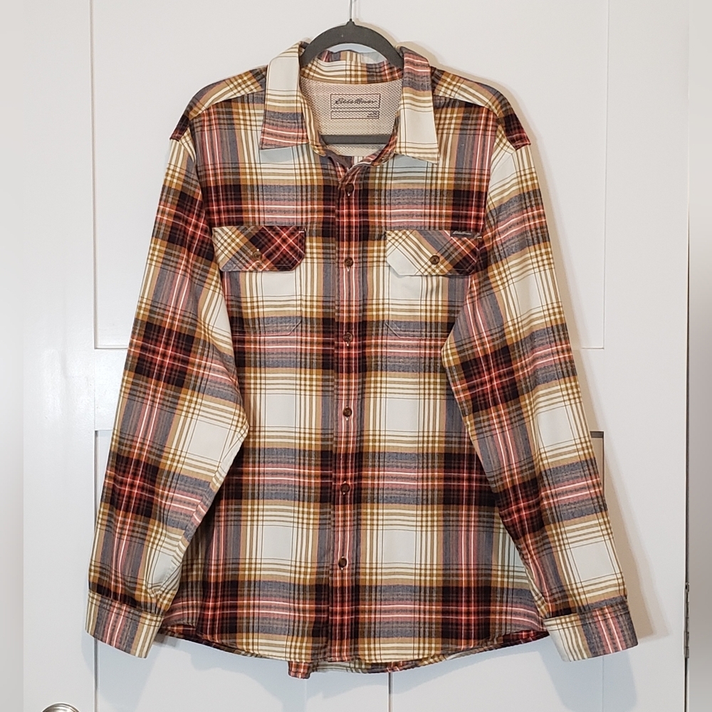 Eddie Bauer MR LS Excavation Plaid Flannel Button Down Shirt Size 2XL Tan Orange
